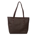 Deep brown tote bag with geometric print, leather straps and gold metal rivets on white background - Dark Brown