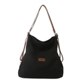 Bolso tote de lona negra minimalista con correas marrones y parche de cuero casual - Negro