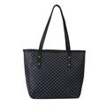Classic large tote bag with navy blue polka dot pattern and black leather handles - Black