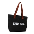 Black canvas tote bag with brown handles and white FANYISSA text lettering detail - Black Without Charm