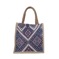 Ethnic geometric pattern woven tote bag with durable natural jute handles and trim - Ethnic Style Blue