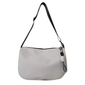 White minimalist crescent shoulder bag with adjustable black strap and woven pendant - White Without Charm