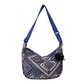 Ethno-Canvas-Umhängetasche in Dunkelblau mit geometrischem Muster und flauschigem Anhänger - Blau mit Anhänger