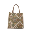 Ethnic pattern tote bag in beige with colorful geometric weave and hemp handles - Ethnic Green
