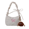 White crescent underarm bag with pink butterfly embroidery and a brown plush charm - With Pendant / White