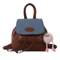 Brown leather and blue denim backpack with a pink pom-pom charm and FAUTOR logo - Brown With Pendant