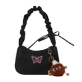 Minimalist black crescent shoulder bag with pink butterfly embroidery and plush charm - With Pendant / Black
