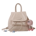 Minimalist beige leather mini backpack for women with cute pink plush monster charm - White with Pendant