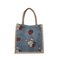 Blue woven tote bag featuring a cute white rabbit and strawberry print pattern - Blue Rabbit