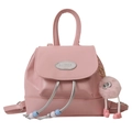 Pink leather mini backpack with plush pendant, drawstring beads and silver logo - Pink With Charm