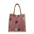 Vintage red woven tote bag with cute strawberry and bunny jacquard pattern - Pink Rabbit