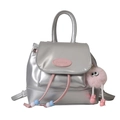Retro silver mini backpack with pink plush monster keychain on a white background - Silver with Charm