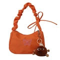 Bright orange shoulder bag with butterfly embroidery and cloud pleated strap - With Pendant / Orange