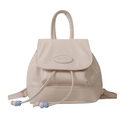 Chic beige PU leather backpack featuring beaded drawstrings and top handle design - White Without Charm