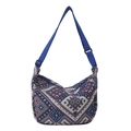 Ethnic knit crossbody bag with blue geometric pattern and adjustable nylon strap - Blue Without Charm
