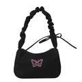 Sac à bandoulière en toile noire avec broderie papillon rose et bandoulière à volants - Sans Pendentif / Noir
