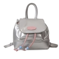 Silver metallic mini backpack with pink brand label and colorful beaded drawstrings - Silver Without Pendant