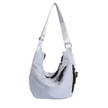 Light blue-grey nylon hobo bag for women with wide adjustable strap and fashion label - Blue