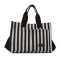 Borsa tote in tela a righe con tracolle nere e doppie tasche esterne anteriori - Nero