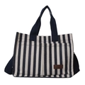 Borsa tote in tela a righe blu e bianche con etichetta logo in pelle e tracolla - Blu