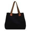 Cabas minimaliste en toile noire avec des poignées tressées brunes et renforts en cuir - Noir