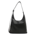 Minimalist black crescent tote bag with smooth synthetic leather and front pocket detail - Black