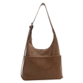 Bolso tote marrón oscuro de piel sintética con bolsillos y correa ajustable - Caqui