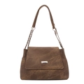 Vintage brown PU leather tote bag with chain strap and silver plaque on white background - Brown
