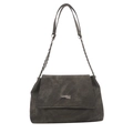 Chic dark grey washed canvas shoulder bag with silver chain strap and metal logo plaque - Dark Gray