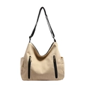 Sac fourre-tout en toile beige minimaliste avec bretelles noires et poches zippées - Kaki