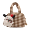 Borsa a mano chic in nylon a quadri marroni con ciondolo a cucciolo e tracolla - Cachi Con Pendente