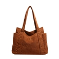 Grande borsa tote in velluto a coste marrone con tasca frontale a scatto e tasche laterali - Marrone