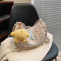 Blue and orange checkered corduroy crescent bag with a cute yellow star plush charm - With Pendant / Blue