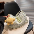 Crossbody light green plaid canvas bag with a cute yellow plush charm accessory - With Pendant / Green