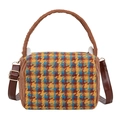 Retro small square handbag with blue and yellow houndstooth fabric and brown plush trim - Brown