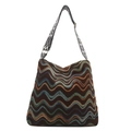 Brown retro tote bag with colorful embroidery and wide geometric patterned shoulder strap - Coffee without Pendant