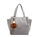 Gray corduroy tote bag with large capacity, side pockets and brown monster charm accessory - With Pendant / Gray