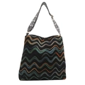 Bolso tipo cubo bohemio con estampado de ondas coloridas y correa ancha de lona geométrica - Sin colgante / Negro