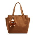 Dark brown corduroy tote bag for women featuring a cute plush pendant accessory - With Pendant / Brown