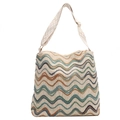 Bohemian woven bucket bag with blue and brown wave patterns and a wide shoulder strap - With Ornament / White