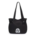 Large black canvas tote bag with white artistic logo and adjustable side straps - Black