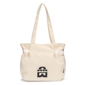 Minimalist creamy white canvas tote bag with black logo and long shoulder straps - Beige
