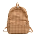Vintage brauner karierter Rucksack mit robustem Strukturstoff und Retro-Leder-Patch-Label - Khaki
