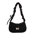 Chic black pleated shoulder bag with silver butterfly buckle and bow detail - Black