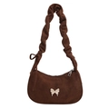 Retro dark brown pleated shoulder bag with suede texture and silver butterfly ornament - Coffee