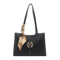 Bolso tote negro con pespuntes blancos, accesorio de pañuelo de seda y herraje dorado M - Negro