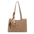Bolso tote marrón con hebilla dorada M y pañuelo decorativo de seda en el asa - Caqui