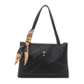 Borsa tote nera con cuciture bianche, cerniera con frange e decorazione con sciarpa - Nero