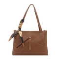 Borsa tote retrò in pelle marrone con manico in foulard di seta e cuciture decorative - Cuoio