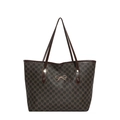 Brown monogram tote bag with gold bow accent and long shoulder straps on white background - Coffee